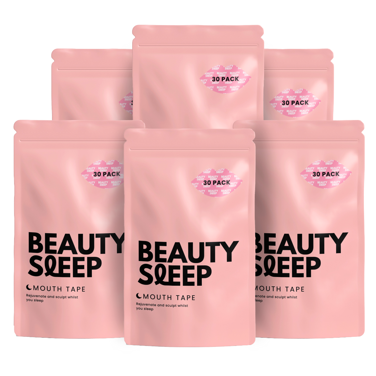 Six pink packages labeled 'Beauty Sleep Mouth Tape' with a 30-pack sticker.
