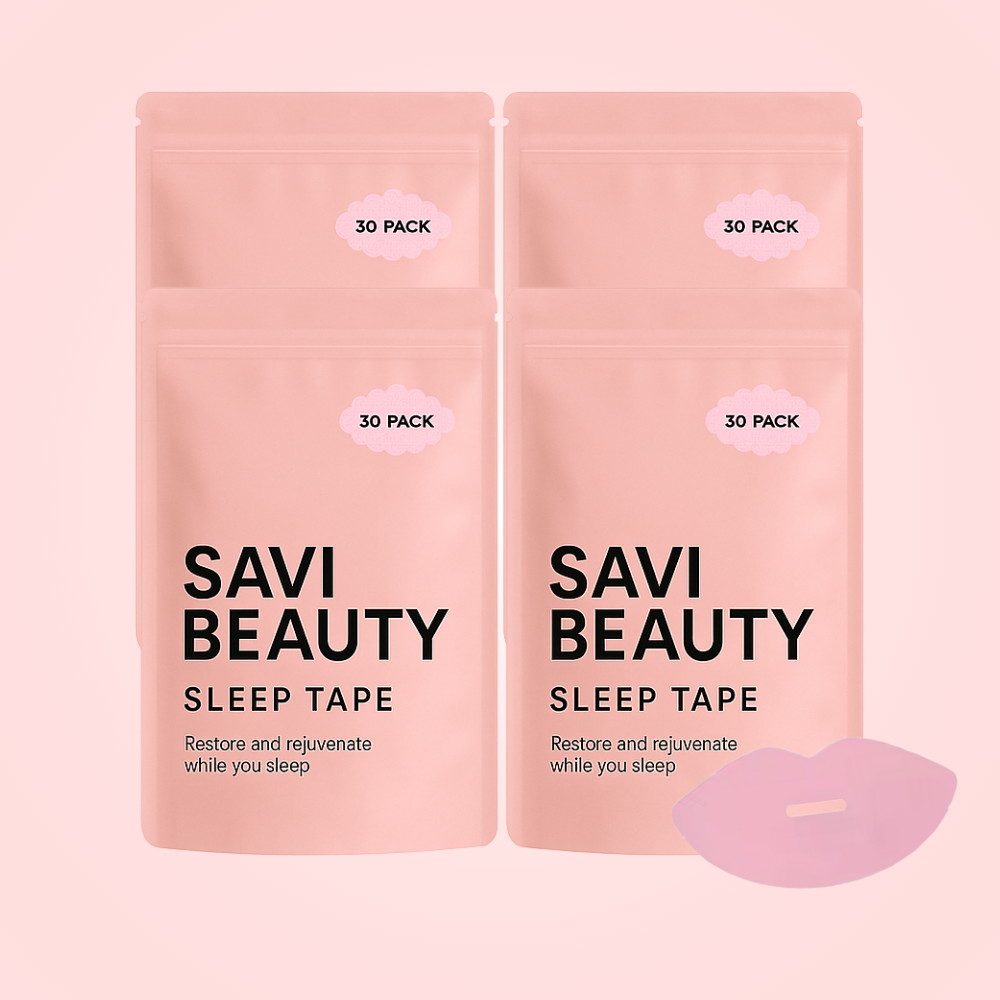 Four pink packages labeled 'Savi Beauty Sleep Tape' with a pink lip-shaped item.