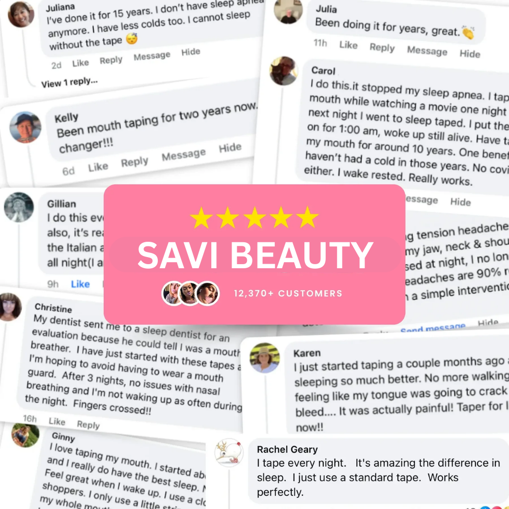 Collage of customer reviews with a Savi Beauty banner and star ratings.