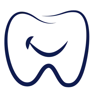 Outline of a tooth with a smile inside on a black background.