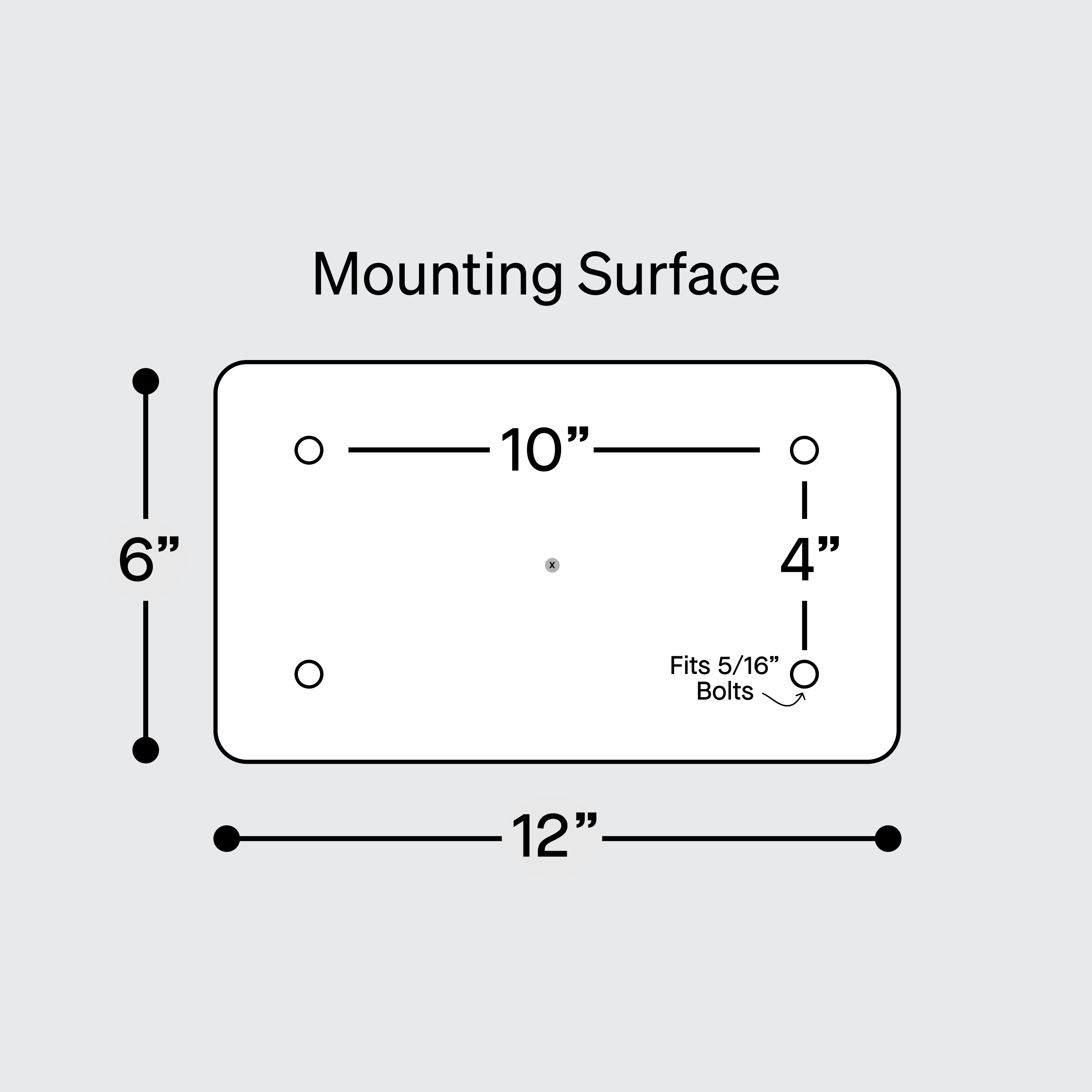 A diagram of a mounting surface showing its dimensions and the placement of four mounting holes.