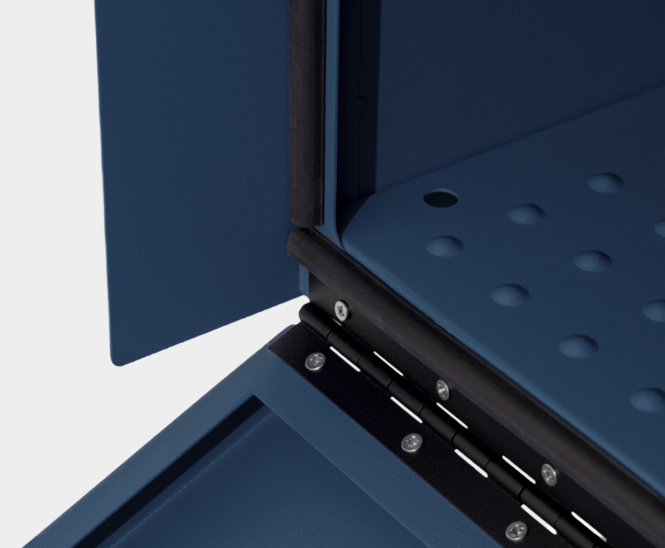 Close-up of a blue metal hinge and perforated panel.