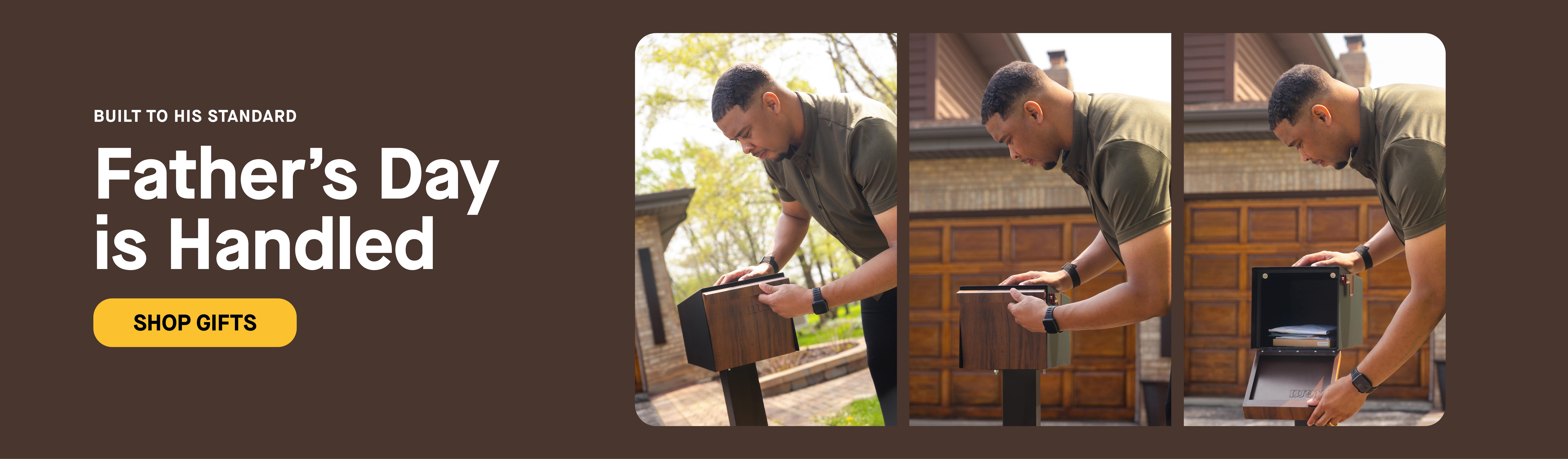 A Father's Day banner shows a man opening and closing a modern mailbox in three sequential images.