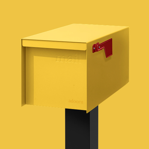 A modern, bright yellow mailbox with a red flag, mounted on a black post against a yellow background.