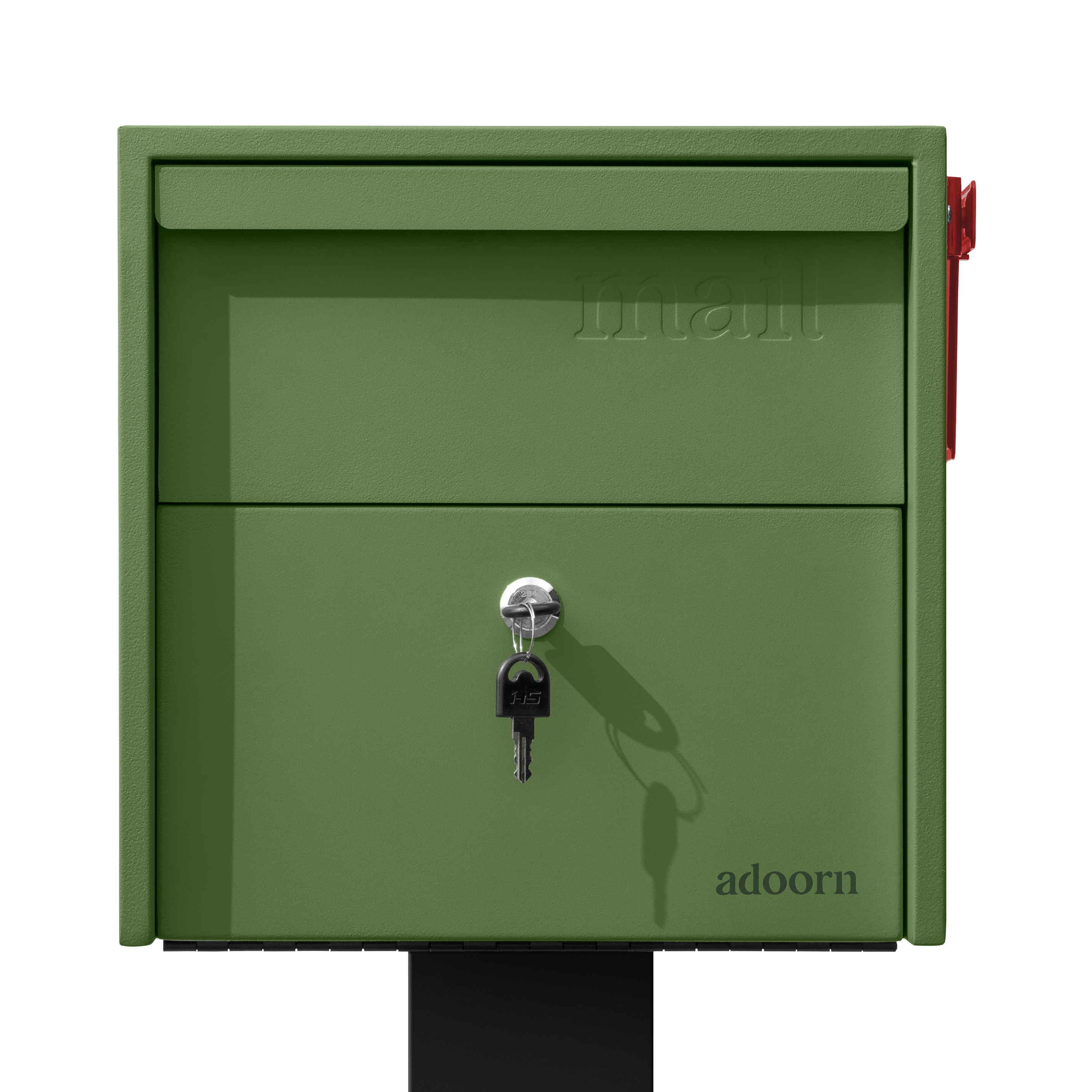 Green mailbox with a key in the lock and red flag on the side.