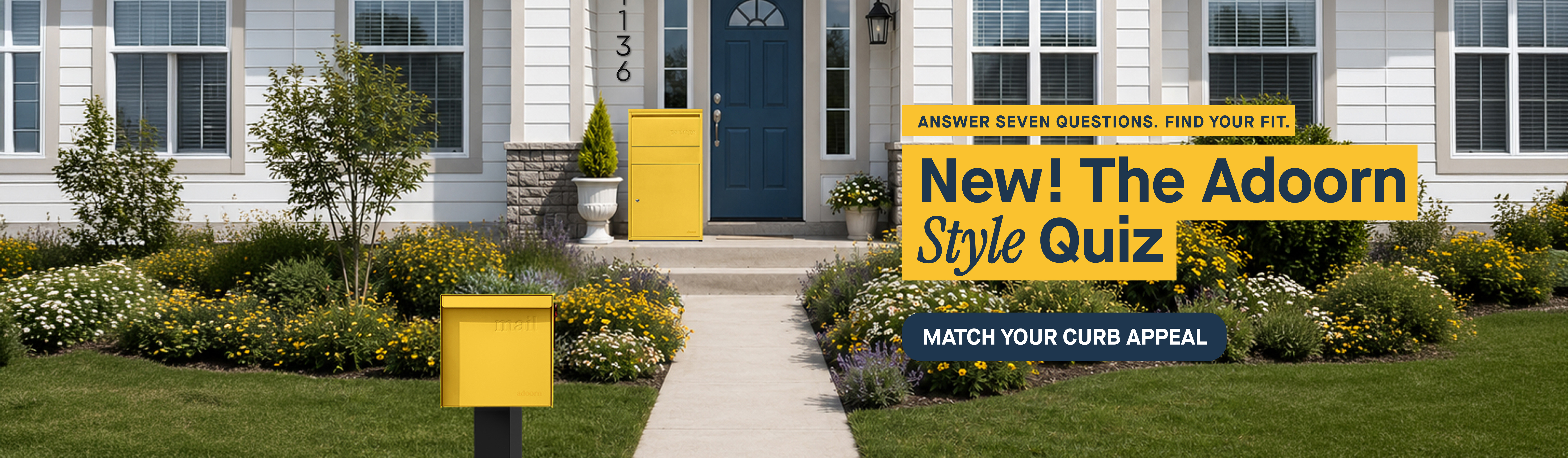 The front of a house with a landscaped garden, a yellow mailbox, and a matching yellow parcel box.