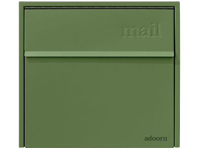 Green mailbox with 'mail' and 'adoorn' embossed on it.