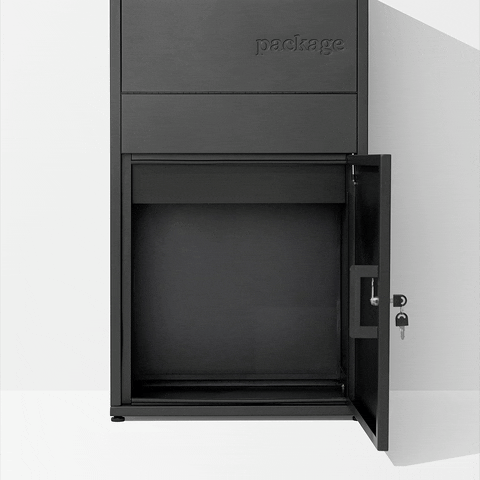 Black package box with open door and visible lock.