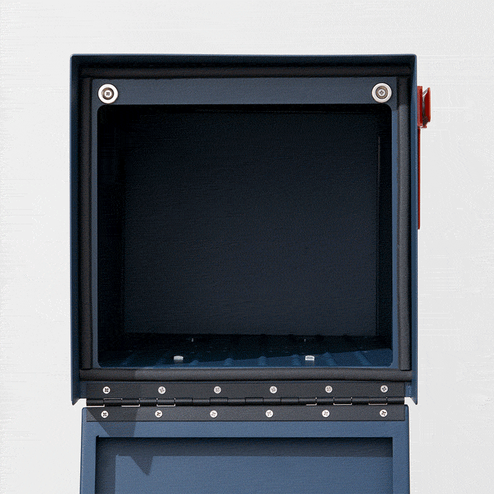 Animated image of a blue mailbox opening and closing.