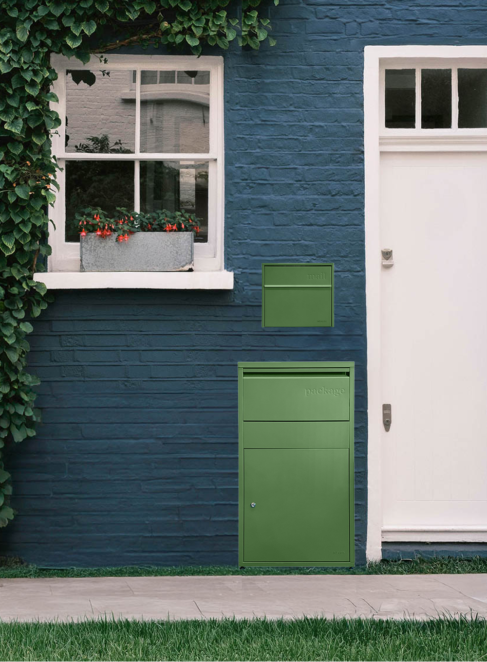 Blue brick wall with green mail and package boxes, window, and white door.