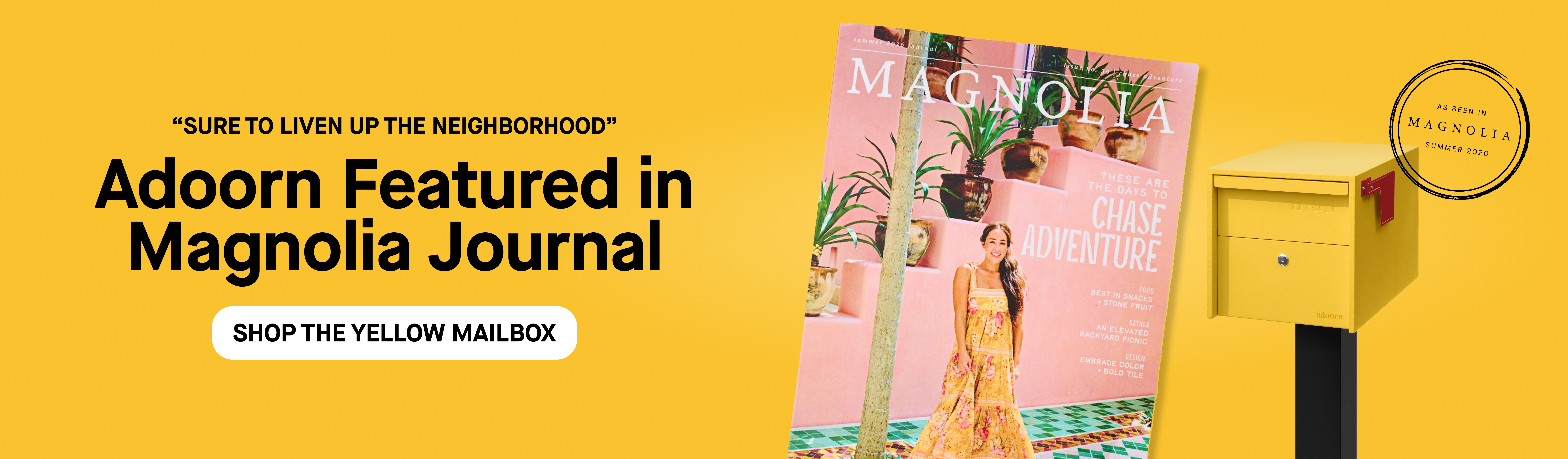 A promotional banner for Adoorn's yellow mailbox, showing it next to a copy of Magnolia Journal magazine.