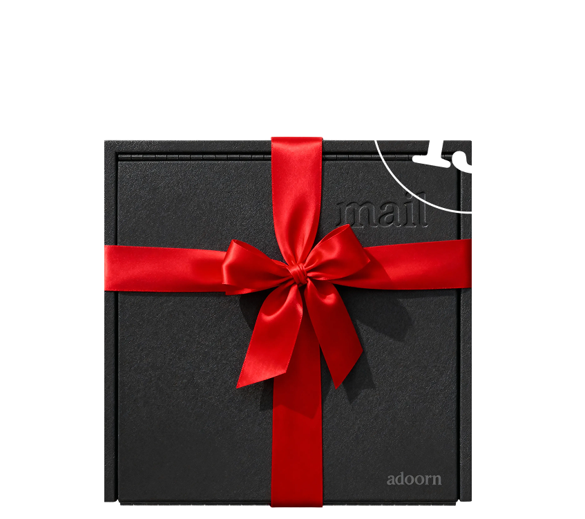 Black box with red ribbon and 43% off label.