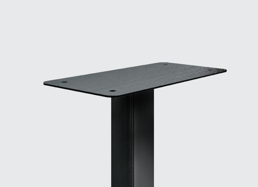 Black metal table leg with a rectangular top plate.