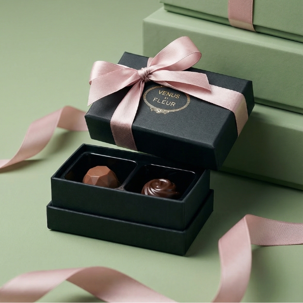Black gift box with chocolates and pink ribbon on green background.
