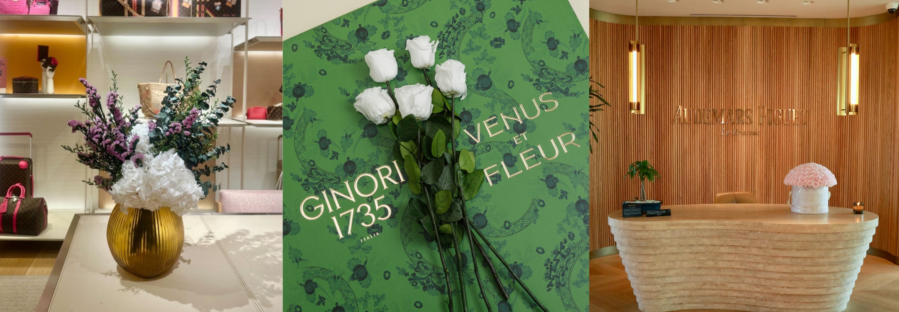 A three-panel collage showing flower arrangements in different luxury retail stores.