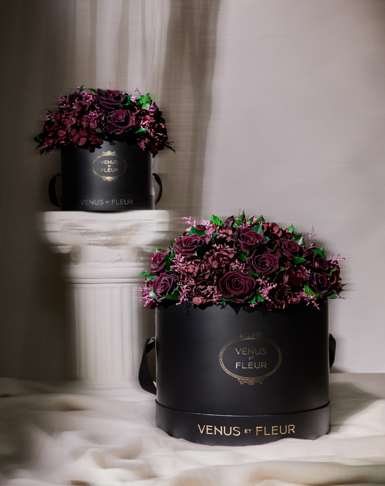 Two black boxes of dark purple flowers labeled 'Venus et Fleur' on a white surface.
