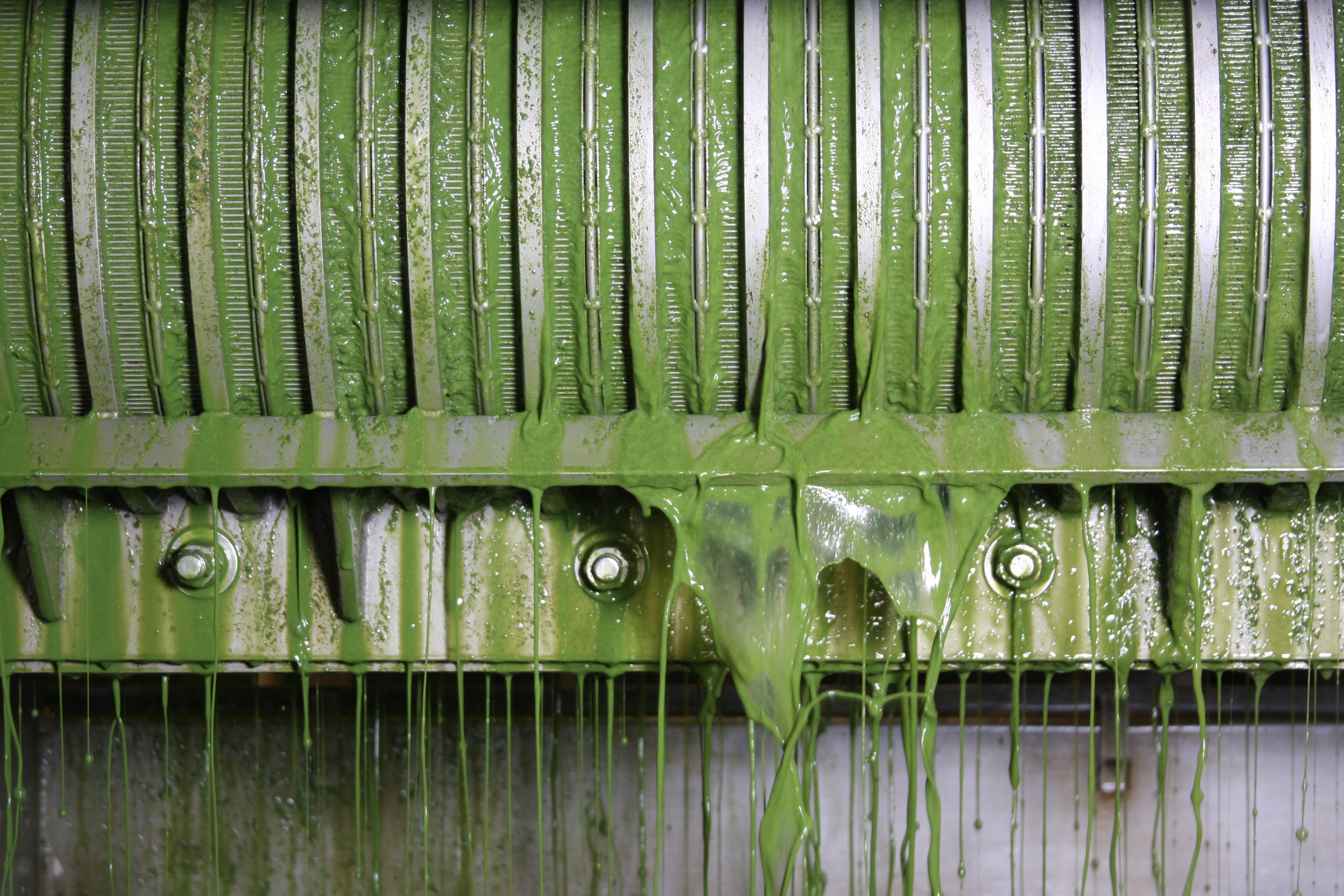 Green liquid dripping from industrial machinery with metal components.