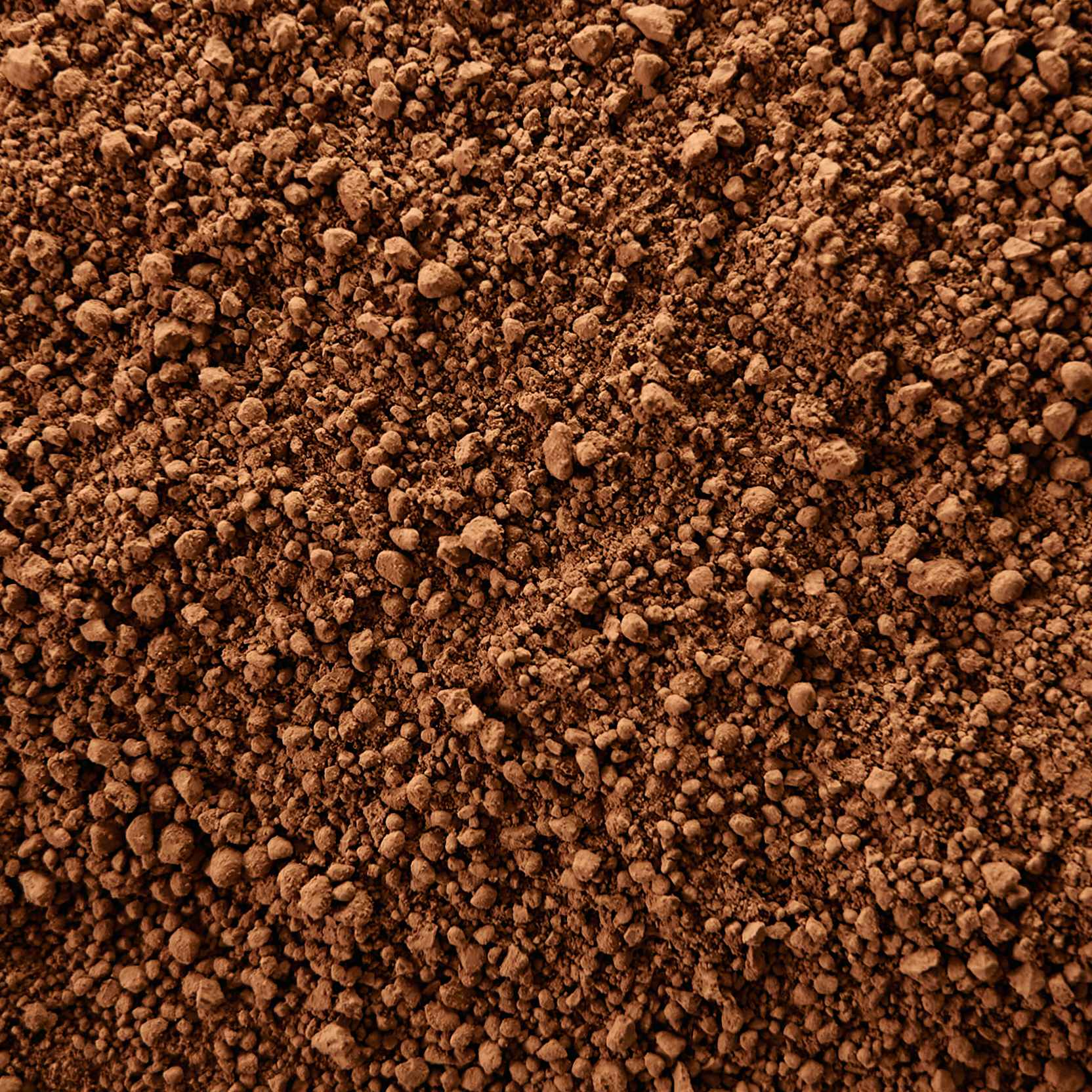 A close-up, top-down view of a rich, brown, clumpy powder, possibly soil or cocoa.