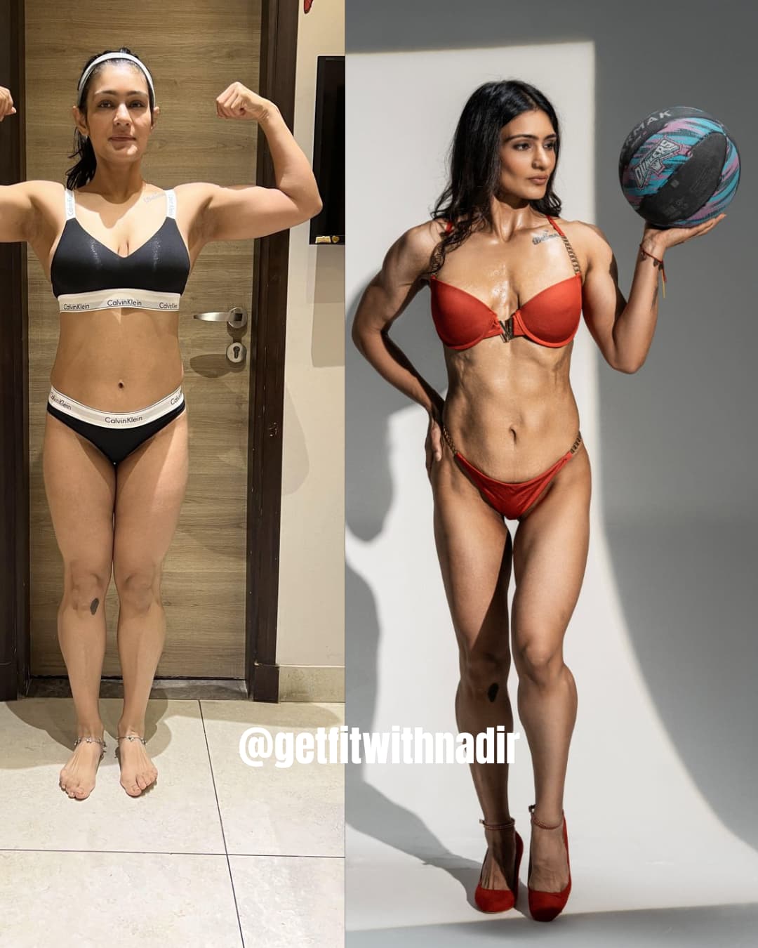 Two images of a woman in athletic wear, showing fitness transformation.