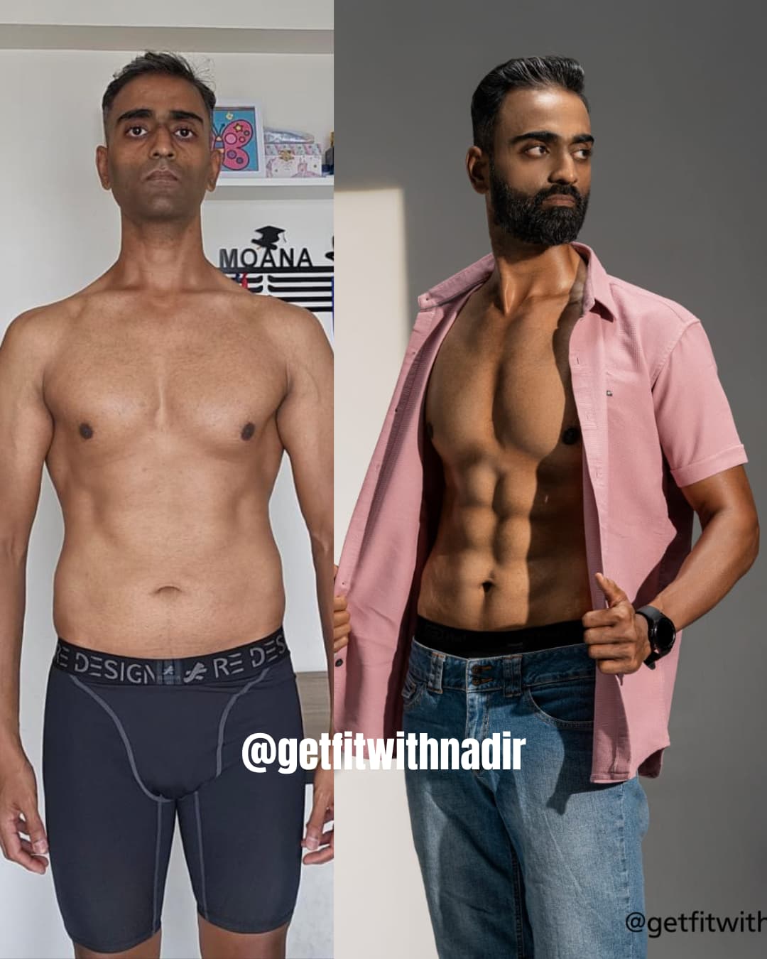 Side-by-side comparison of a man's fitness transformation.