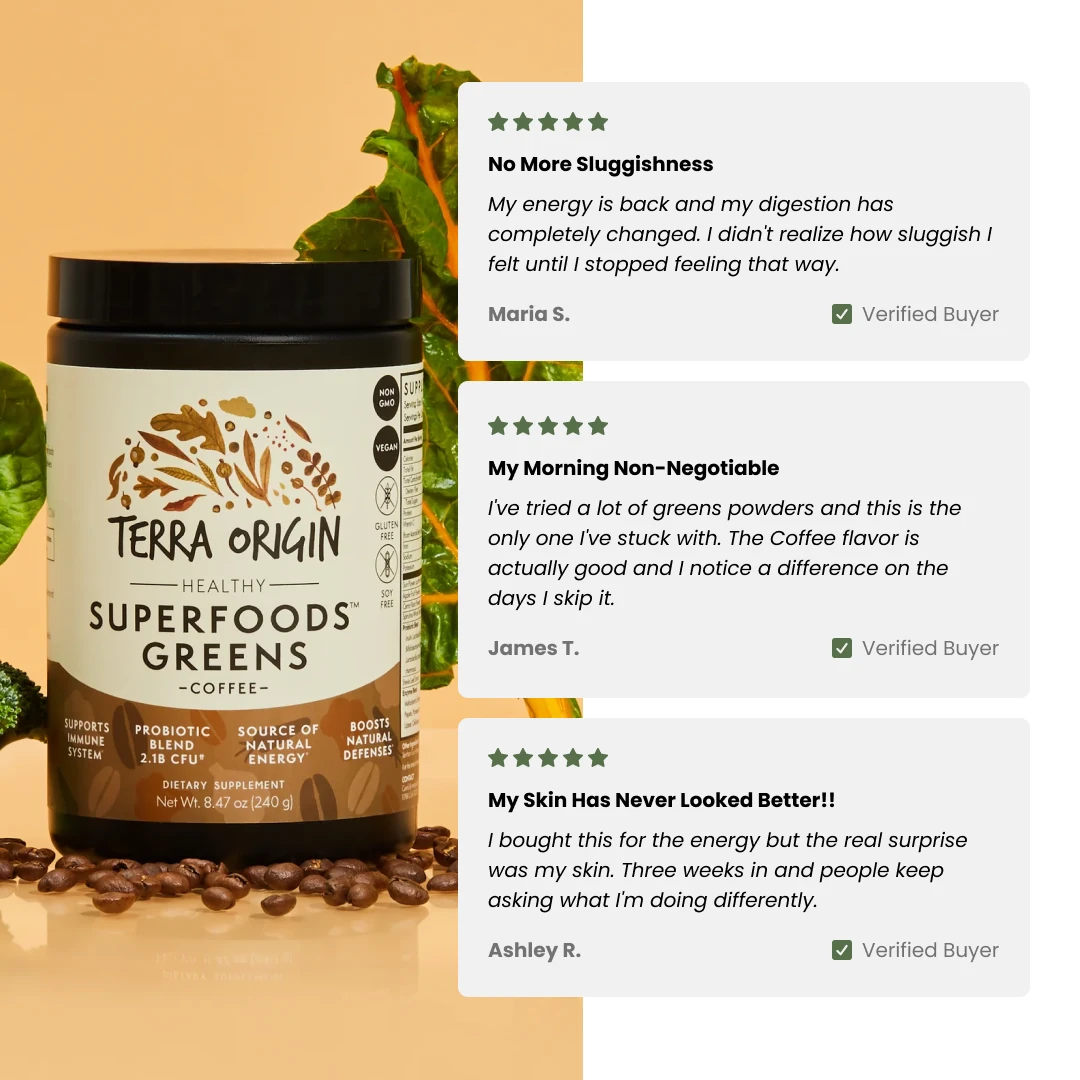 A jar of Terra Origin Superfoods Greens coffee powder next to positive customer reviews.