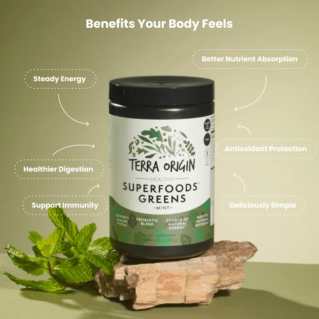 A container of Terra Origin mint-flavored superfoods greens powder sitting on a piece of wood with fresh mint.