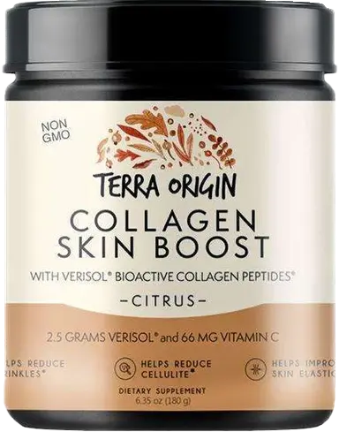 A black jar of Terra Origin Collagen Skin Boost dietary supplement in citrus flavor.