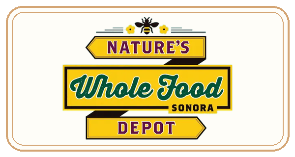 The logo for Nature's Whole Food Depot Sonora, featuring a bee and flowers over yellow signs.