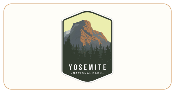 A badge-style illustration for Yosemite National Park, featuring a mountain and forest.