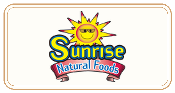 The logo for Sunrise Natural Foods, featuring a smiling cartoon sun wearing sunglasses.