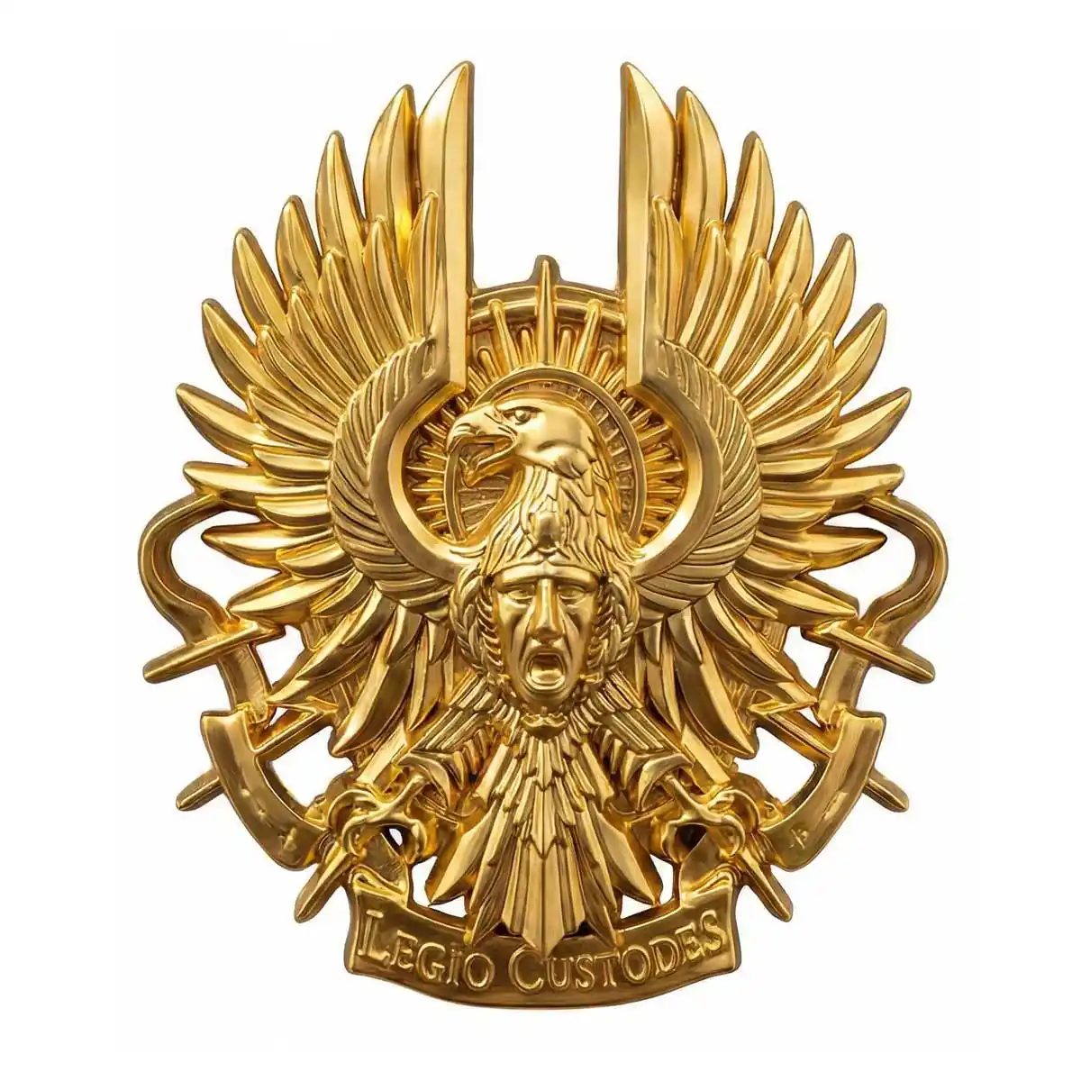 A golden emblem with an eagle, a shouting face, wings, swords, and a banner reading 'Legio Custodes'.