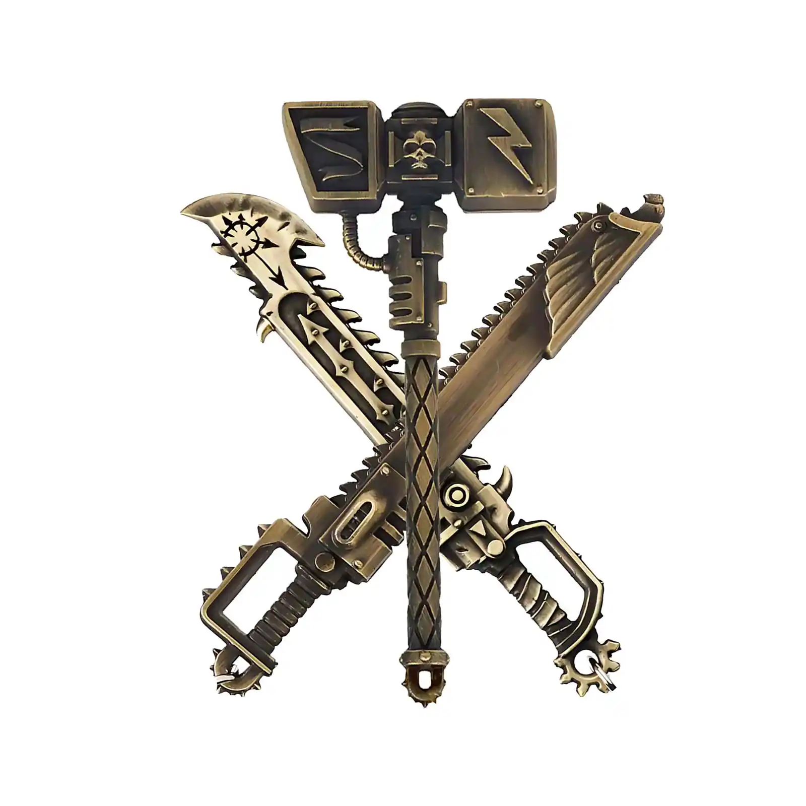 An ornate, bronze-colored hammer and two crossed, serrated swords against a white background.
