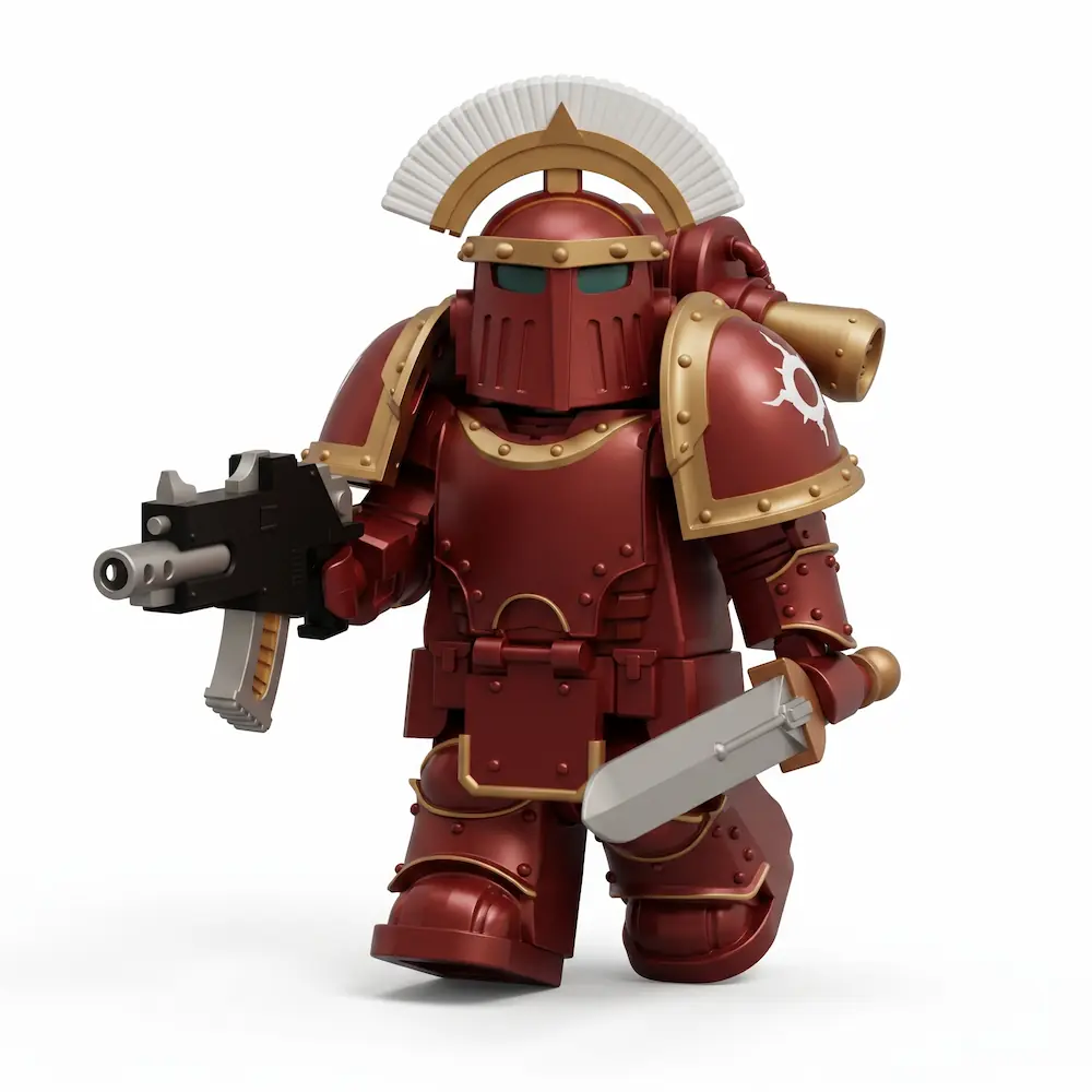 A blocky toy soldier in red and gold armor, holding a futuristic gun and a short sword.