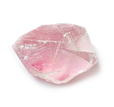 Pink crystal with geometric facets on a white background.