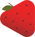 A stylized icon of a red strawberry with a green leaf and stem.