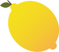 A stylized illustration of a yellow lemon with a small green leaf and stem.