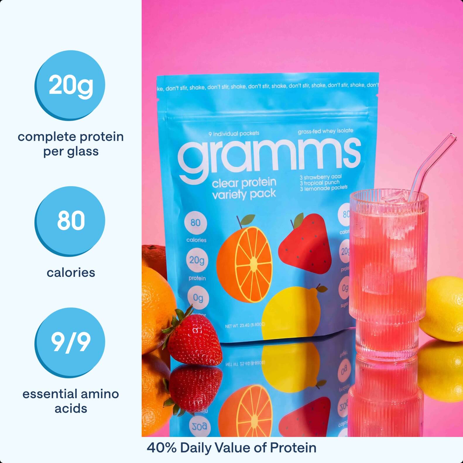 A pouch of Gramms protein powder next to a glass of pink drink and fresh fruit.