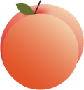 A simple, stylized illustration of a peach with a single green leaf and a stem.
