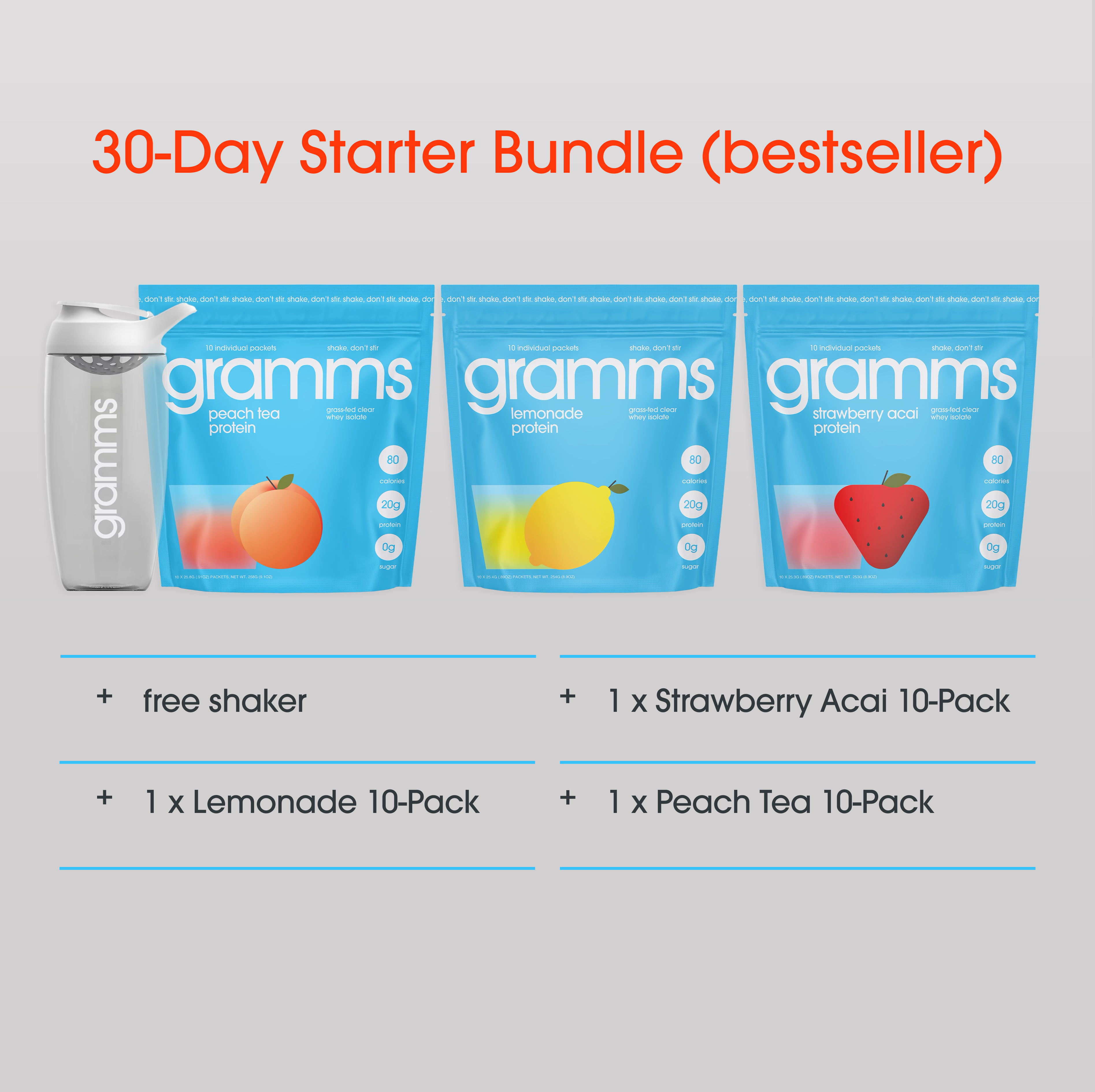 Three protein powder packs and a shaker bottle with text: '30-Day Starter Bundle (bestseller)'.