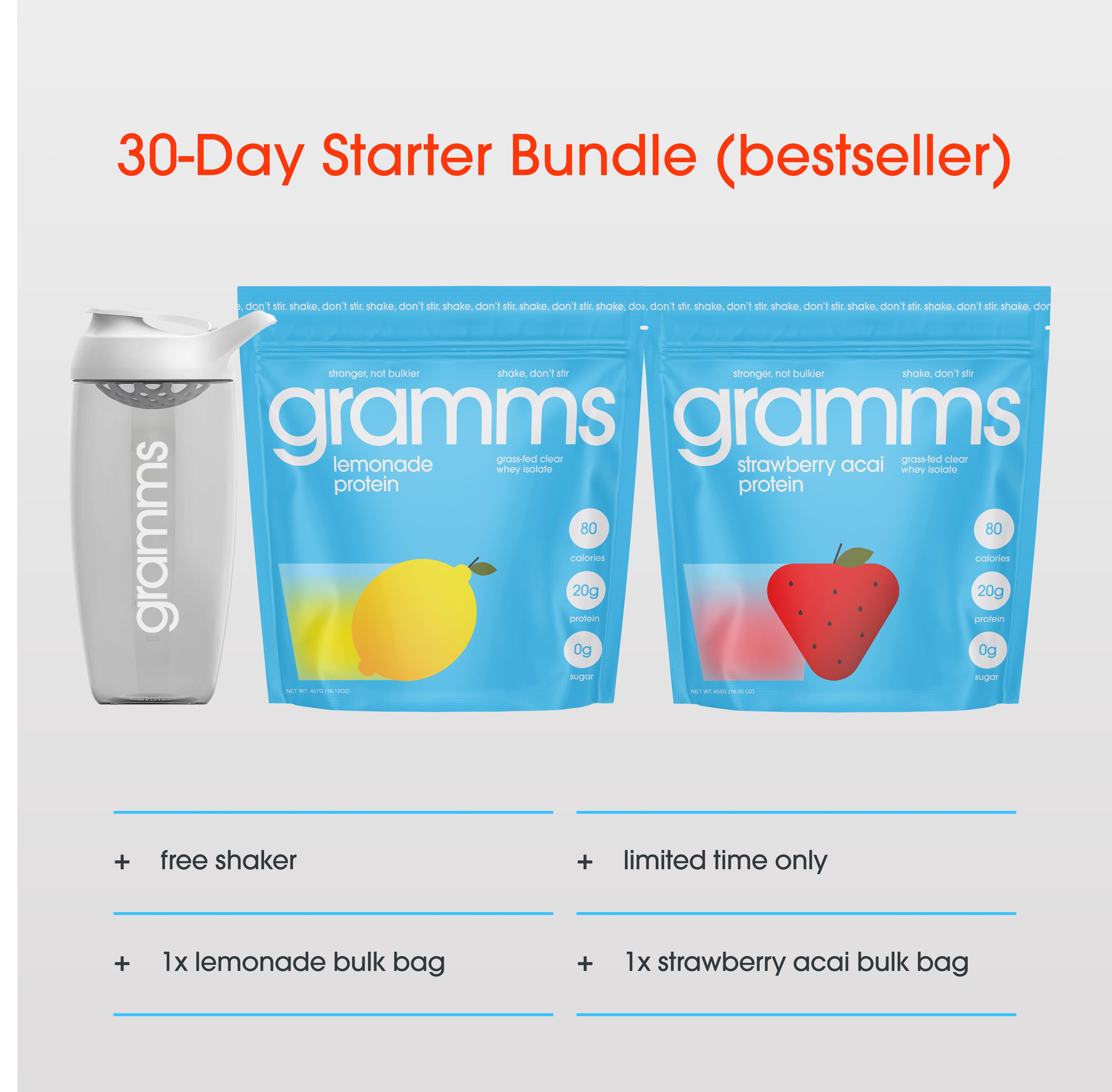 A shaker bottle and two bags of Gramms protein powder in lemonade and strawberry acai flavors.