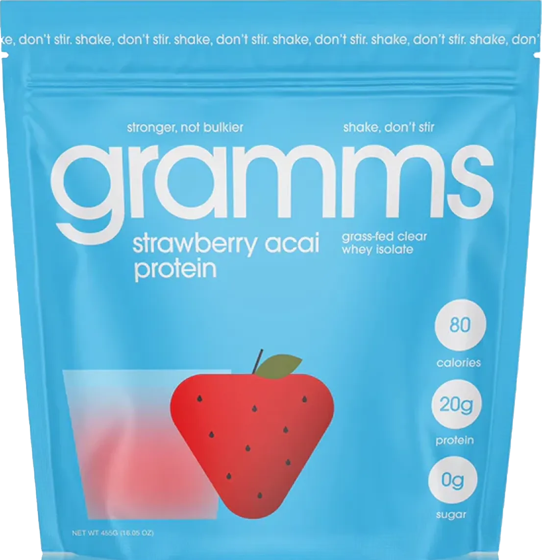 A light blue pouch of Gramms strawberry acai protein powder against a white background.