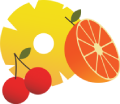 An illustration of a pineapple slice, half an orange, and two cherries.