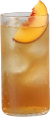 A tall glass filled with an amber-colored iced beverage, garnished with a slice of peach.