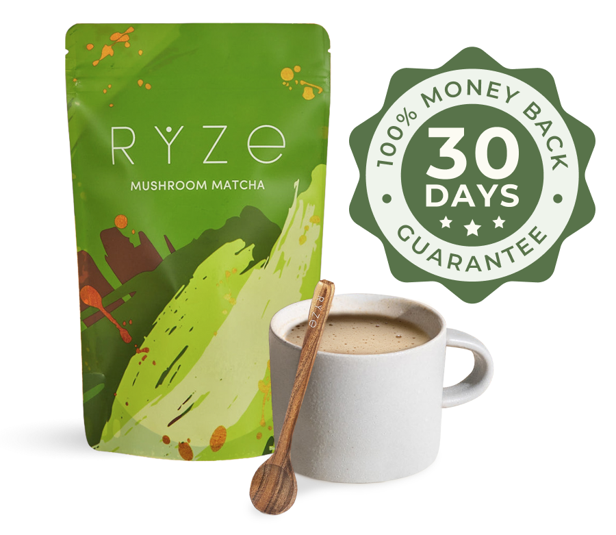 RYZE Mushroom Matcha packet with a cup of matcha and a money-back guarantee badge.