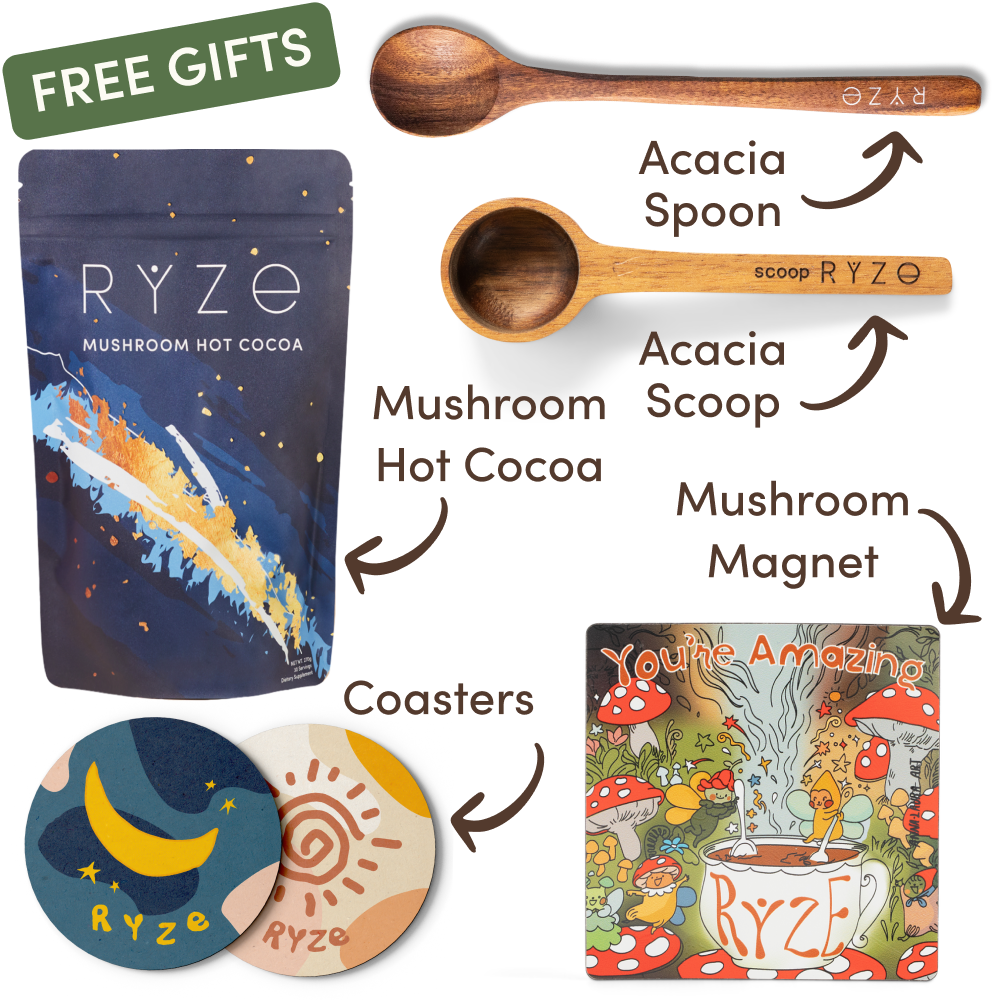 Wooden acacia scoop and spoon with a colorful mushroom-themed magnet.