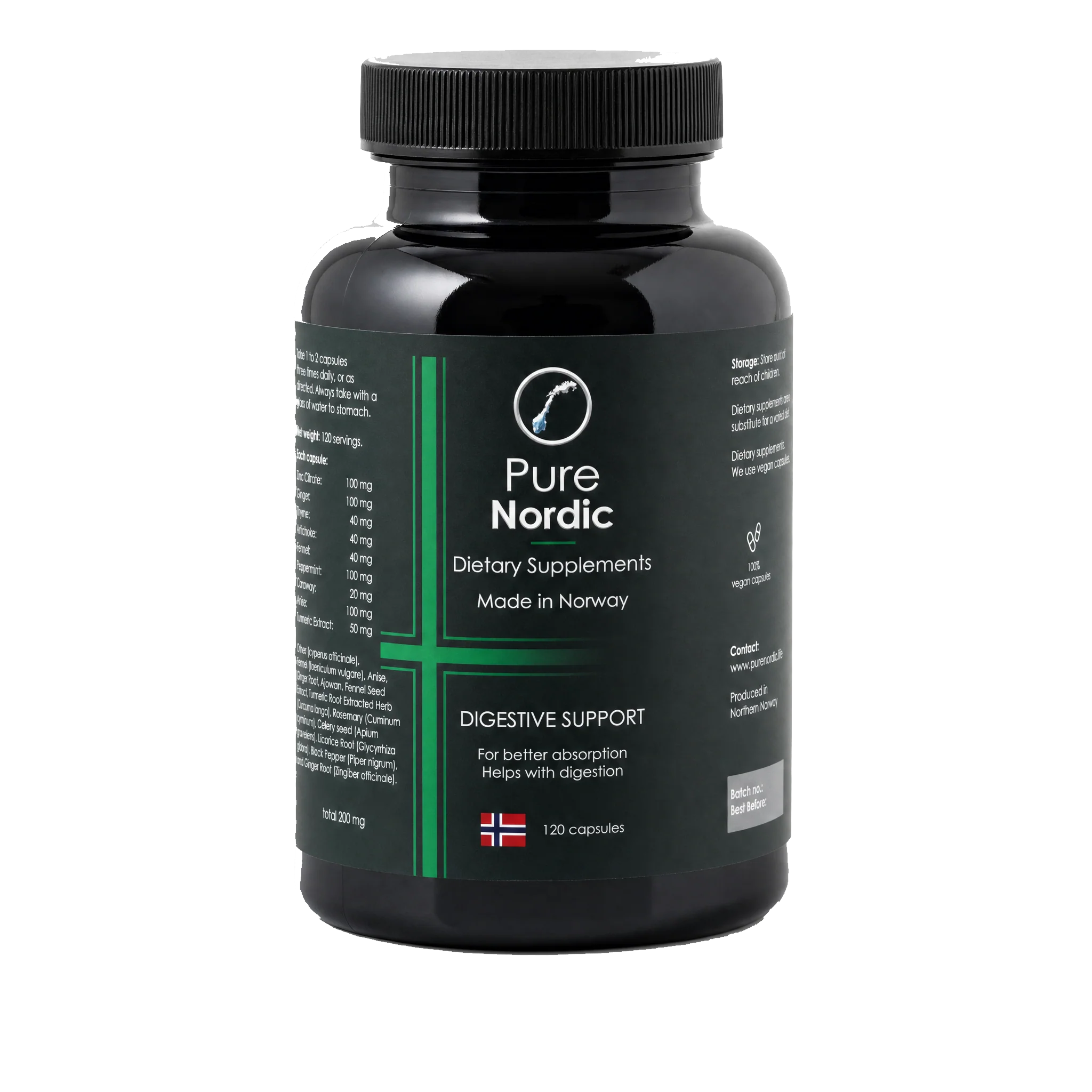 A black bottle of Pure Nordic Digestive Support dietary supplements, made in Norway.