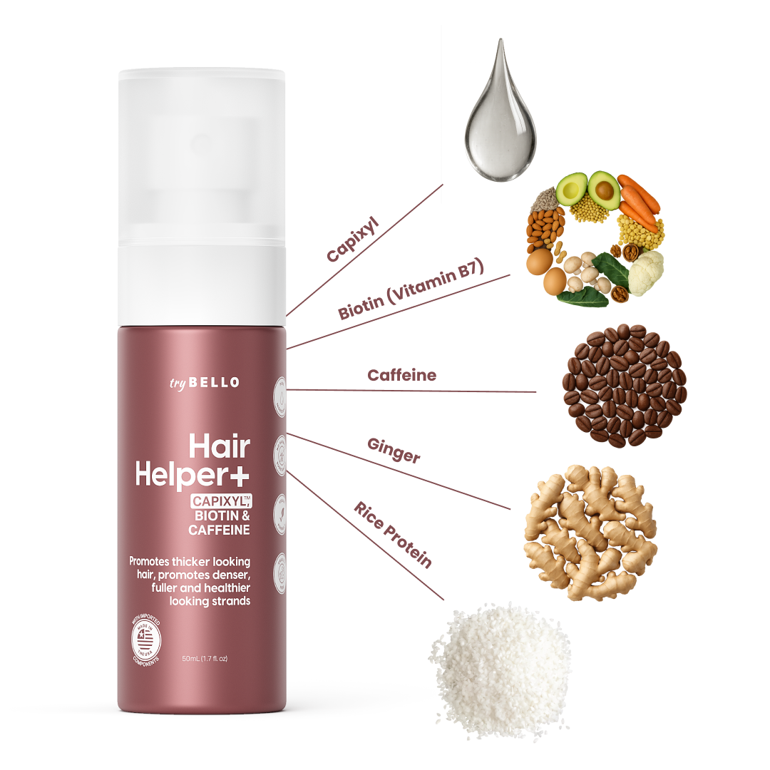 Hair product bottle with ingredients: capixyl, biotin, caffeine, ginger, rice protein.