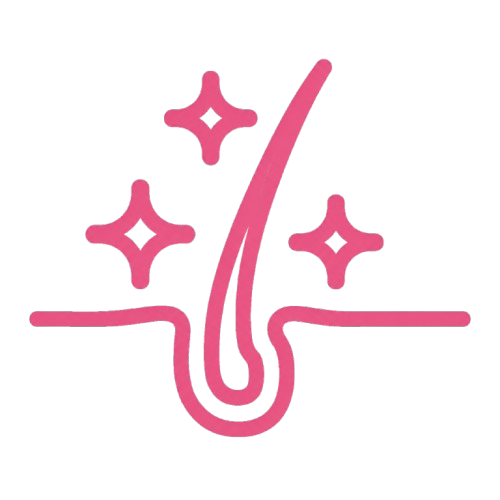 A pink icon of a shiny hair follicle with sparkles around it.