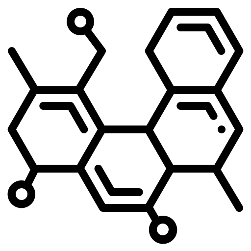 A black line icon depicting a chemical molecular structure with three hexagonal rings.