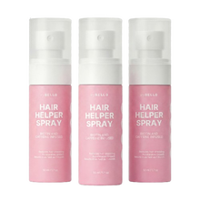 Three identical pink and white bottles of U-Bello Hair Helper Spray against a white background.
